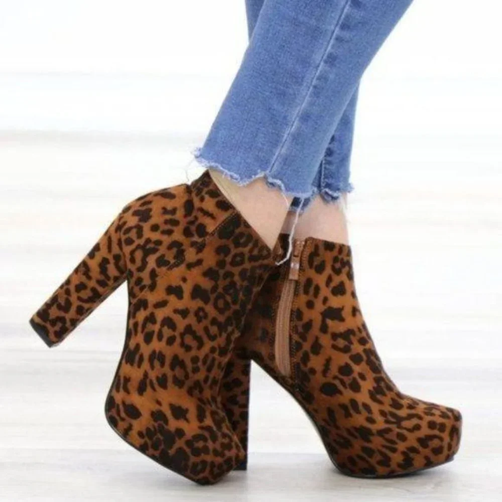Leopard Suede Platform Ankle Heeled Booties - Picture 3 of 13
